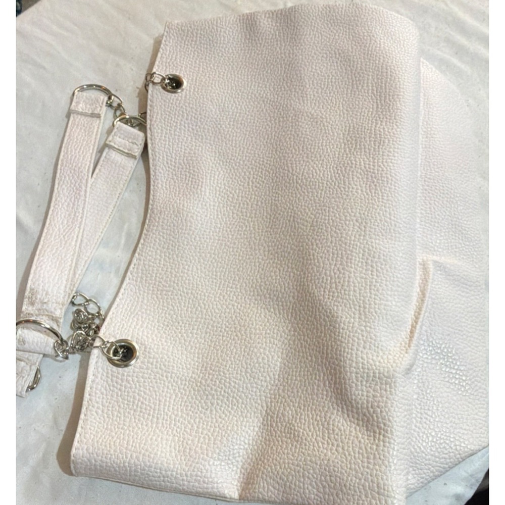 Women's White Pebbled Crossbody Bag, Detachable Strap, Chain, Silver Hardware